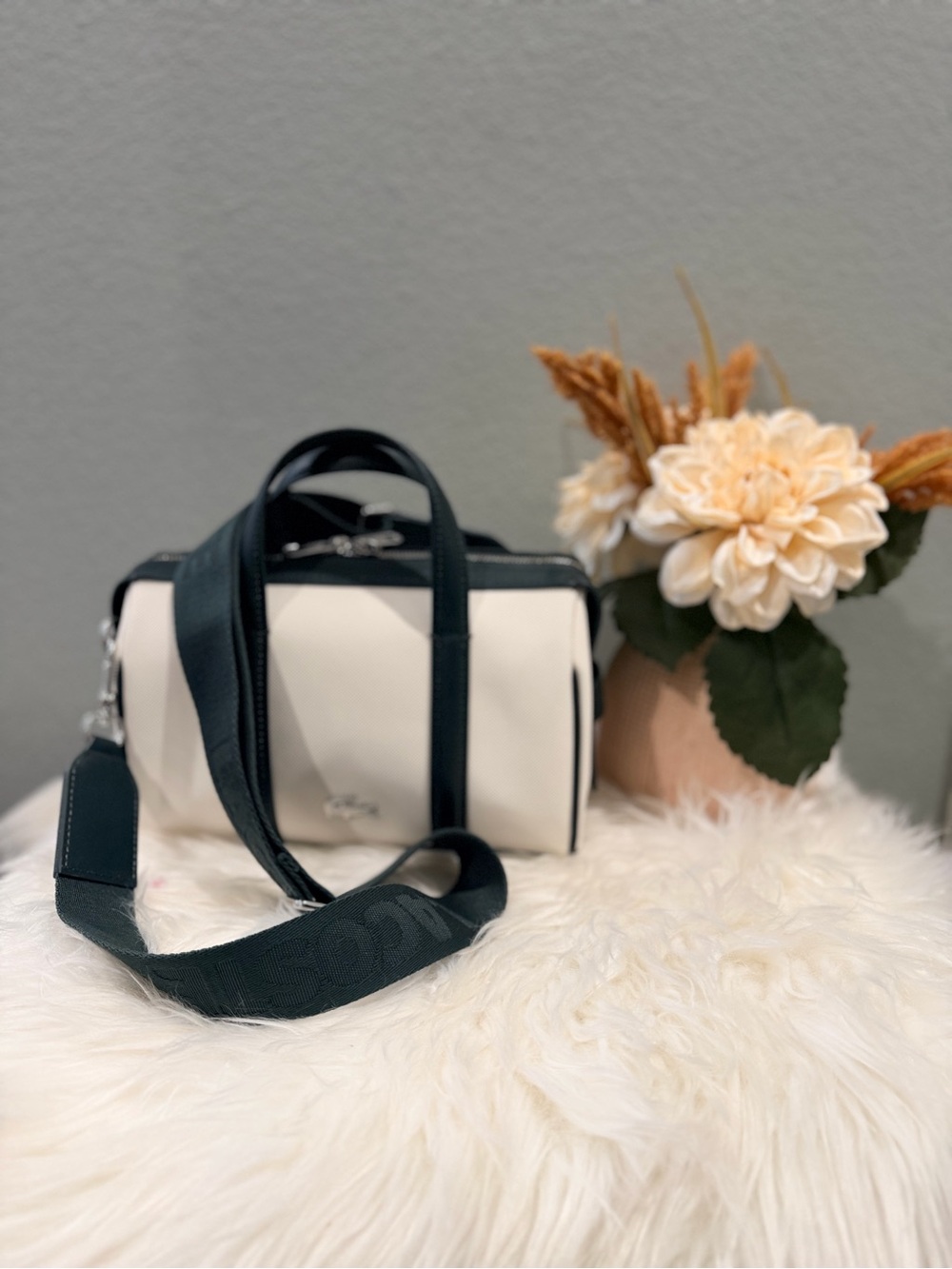 Lacoste Cream Duffle Bag with Dark Green Strap